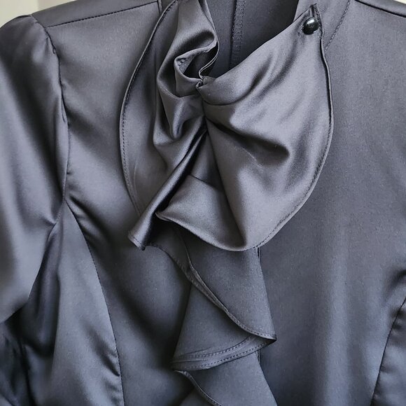 NWOT Shiny Black Blouse with Cascade Ruffle, Med - Picture 4 of 9